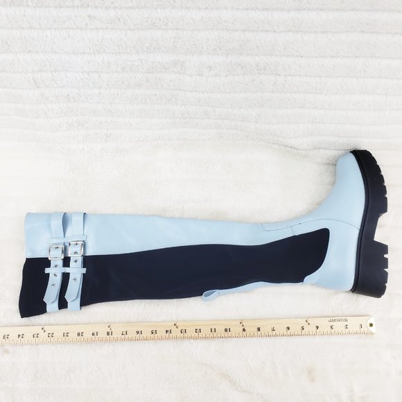 Techno Baby Blue Lycra Stretch Lug Sole Thigh High Combat Rider Brand New - Picture 13 of 16
